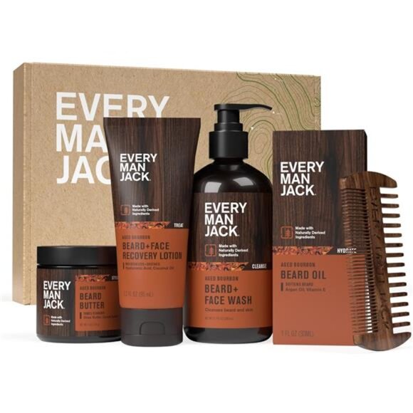 Mens Aged Bourbon Beard Set - Five Full-Sized Grooming Essentials For a Routine